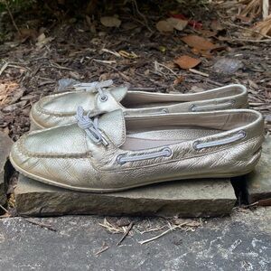 Sperry Gold Boat Shoes Size 8 women Leather Loafers Classic Shoe Shimmer preppy